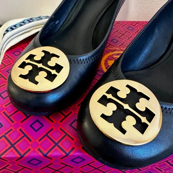 Like New! Tory Burch Sally Black Wedge with Gold Emblem - Picture 2 of 10